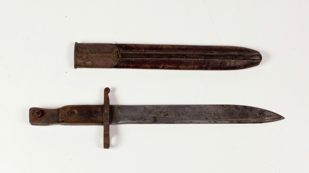 Three World War I period steel blade Bayonets, with original scabbards, some inscribed, as is, w.a. - Image 2 of 3