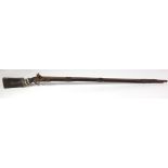 An early Victorian Colonial long barrel flintlock Rifle, with leather banding, shell decoration,