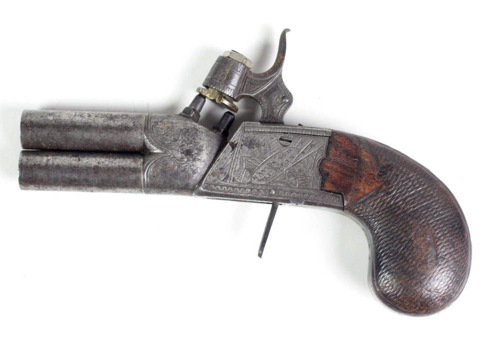 A rare & unusual Irish 19th Century double barrel under and over Pocket Pistol, by Kavanagh, Dublin,
