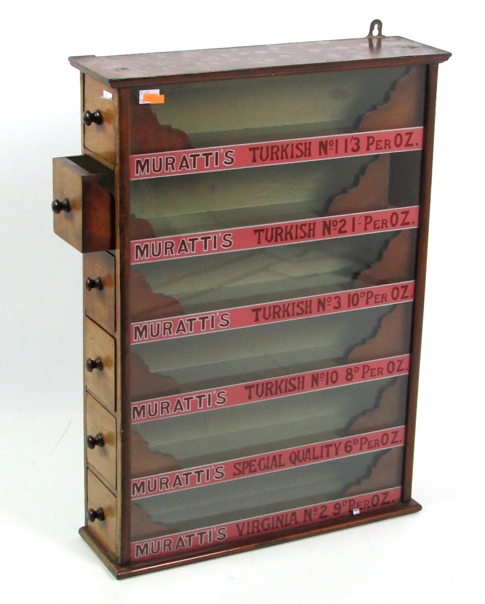 A rare "Murattis Cigarettes" mahogany Shop Display Case, with sliding doors and painted text.
