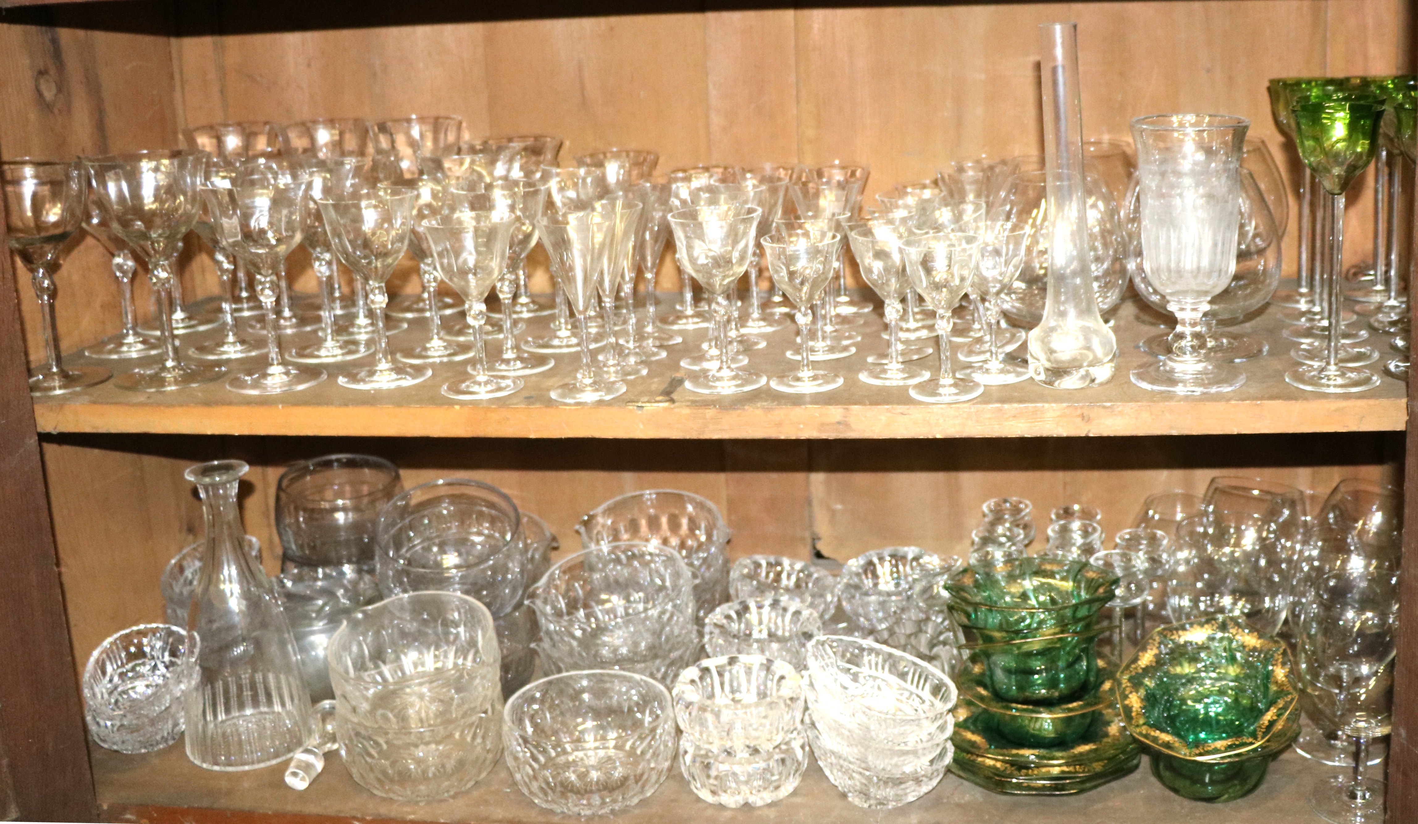 Glassware: A large collection of Drinking Glasses, some etched, some coloured glass. As a lot, w.a.