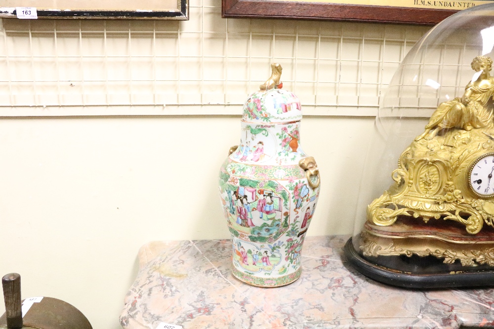 A pair of 19th Century Cantonese Vases and Covers, the lids mounted with Dogs of Foo, - Image 3 of 9
