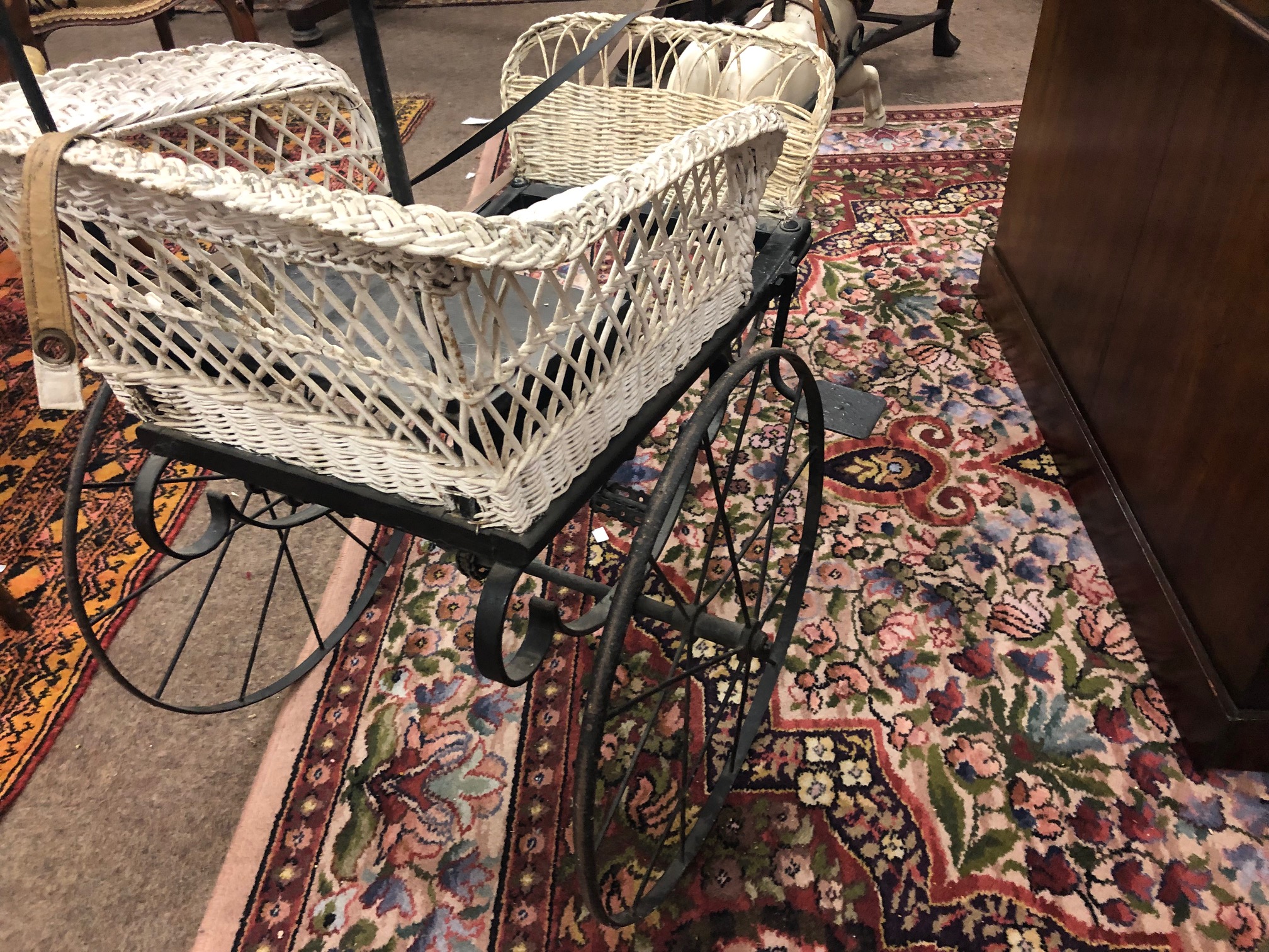 An Edwardian period wicker work and wrought iron framed Child's Horse Tricycle Carriage, - Image 9 of 10