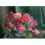 Moyra Barry Irish (1886 - 1960) "Red Roses," O.O.C., still life of Flowers on a Table, approx.