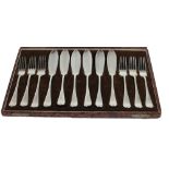 A good heavy English silver cased set of six pairs of Fish Knives and forks, Sheffield c.