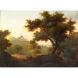 Early 19th Century Continental School "An extensive landscape with gentleman walking dog in