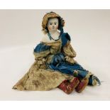 A rare and early Queen Anne period Lady Doll, with wooden head and gesso paint, leather hands,
