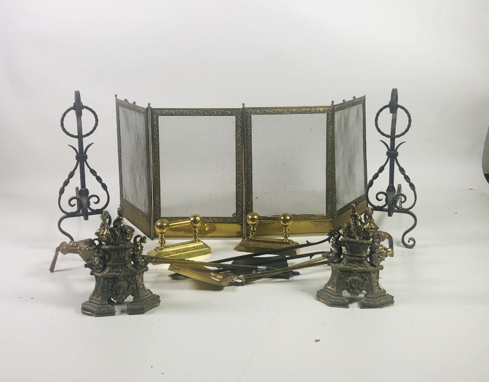 A pair of fine quality "Adams" style brass Fire Dogs, a Spark Guard,