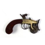An antique flintlock tinder box Gun, with engraved brass stock and wooden handle.