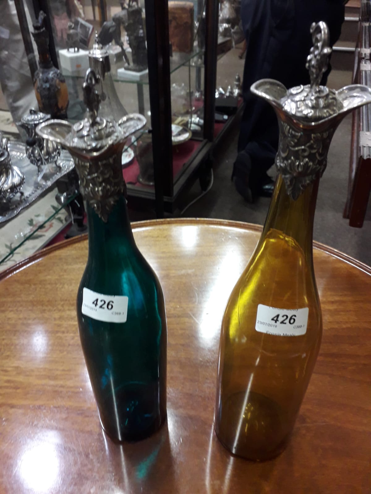 An attractive pair of very early Victorian silver mounted tall orange and green glass Wine - Image 4 of 6