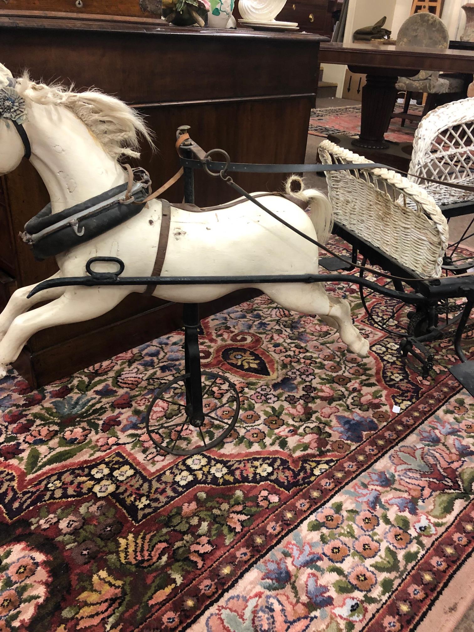 An Edwardian period wicker work and wrought iron framed Child's Horse Tricycle Carriage, - Image 4 of 10