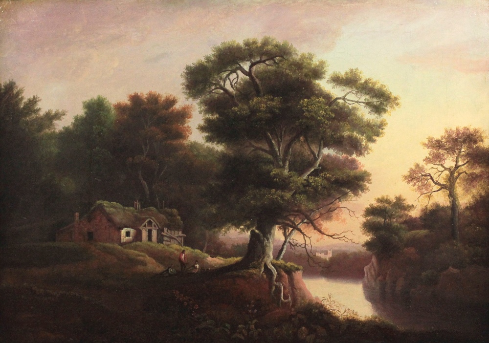 Circle of Patrick Nasmyth (1787 - 1831) "Landscape with Figures, Cottage and a Castle beyond," O.O.
