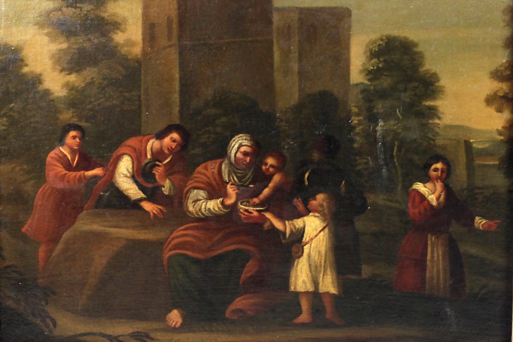 18th Century Italian School "Peasant Woman in bare feet feeding young Children and other Peasants