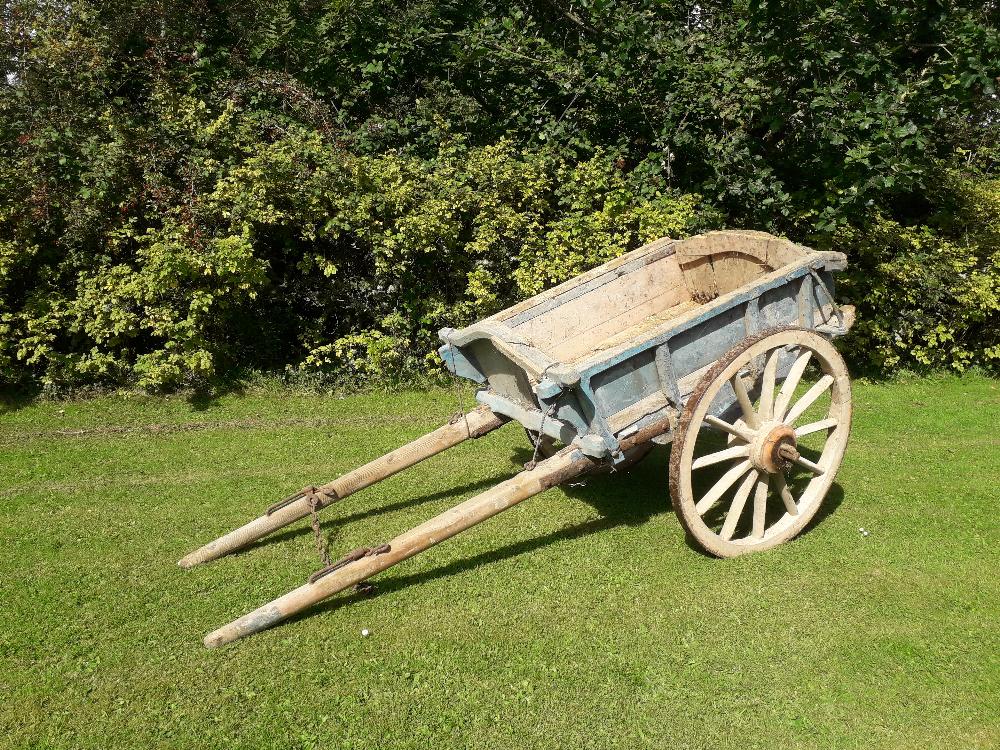 A horse drawn Cart, with spoke and iron wheels.