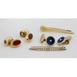 Two sets of gold Cuff Links, and two gold Bar Brooches.