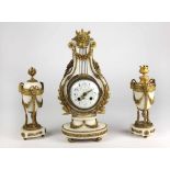 A quality ormolu and white marble Clock Garniture, the lyre shaped body draped in floral garlands,