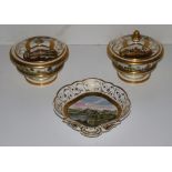 A pair of early 19th Century porcelain hand painted landscape Bowls & Covers,