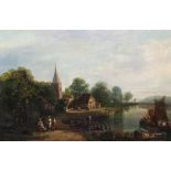 Dutch School - Koek Koek An attractive "Dutch River Scene, with figures and boats in foreground,