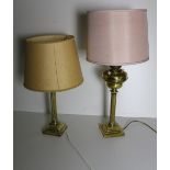 Two antique brass Table Lamps, in the Corinthian style, with shades.