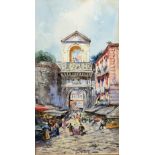 19th Century Italian School Watercolour: "Busy Market Street Scene, with Tower and Arch,