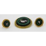 A 9ct gold inlaid onyx with malachite Pendant, and matching Ear-Rings,