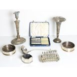Box: Varied plated items, pair of candlesticks, pair of vases, muffin dishes and covers,