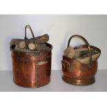 A circular hand beaten copper Log Bucket, and a later copper Coal Helmet.