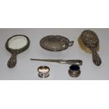 Box: Silver and silver plated items, glove stretcher, hair brushes, condiments, napkin rings etc.