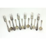 A set of 6 attractive English silver bright cut and crested Dinner Forks, by Francis Higgins,