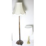 An Edwardian carved stained wooden Lamp Standard, together with a heavy brass Table Lamp, and shade,