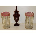 A pair of milk glass and pink decorated Lustres,