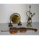 A brass Dinner Gong, a shaped two branch brass Table Lamp, and a Violin and bow, as a lot., w.a.f.