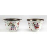 A pair of early Chinese silver lined porcelain Tea Bowls, each decorated with flowers,
