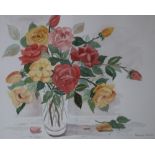 Patricia Elliot - 20th Century Watercolour: "Red and Yellow Roses in a Bowl," Still Life, approx.