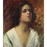 20th Century School "Portrait of a Girl," shoulder length in a white dress, her head tilted back,