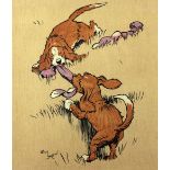 After Cecil Aldin "Playful Puppies," a charming set of 4 colourful prints, in gilt frames.