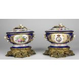 A pair of attractive 19th Century French "Serves" blue ground hand painted porcelain Bowls & Covers,