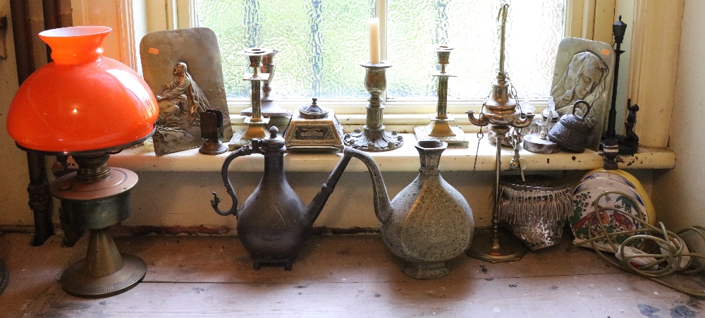 A collection of varied Brassware and other Candlesticks, Inkwells, etc., as a lot, w.a.f.