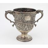 A heavy two handled 18th Century Irish silver Trophy Cup, with "S" scroll hands,