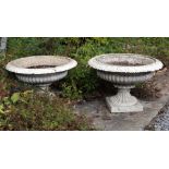 A pair of Victorian cast iron Garden Urns, with egg n' dart moulded rim, on square plinth base,