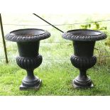 A pair of Victorian cast iron Urns, with egg n' dart moulded rims, on circular bases, each approx.