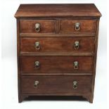 A small mahogany Bedside Chest, with two short and three long drawers, on bracket feet,
