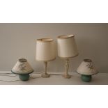 Two painted wooden Lamps, with cream shades,