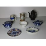 Two similar antique Wedgwood Jasperware Teapots, a small circular Imari Dish and other items.