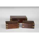 Three varied 19th Century mahogany brass bound Lap Desks and Boxes, as a lot.