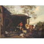 Circle of Albert Cuyp "Feeding Time, farmhand with goats, sheep and cattle," O.O.P., approx.