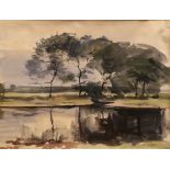 Tom Nisbet, RHA (1909 - 2001) "Riverside Scene," watercolour, approx.