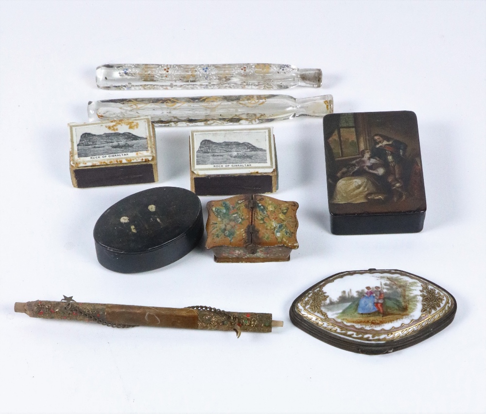 A collection of various Trinkets & Curios, including painted enamel lids, papier mache boxes,