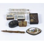 A collection of various Trinkets & Curios, including painted enamel lids, papier mache boxes,
