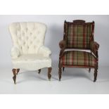 A Victorian oak framed deep button back cream covered Nursing Chair,